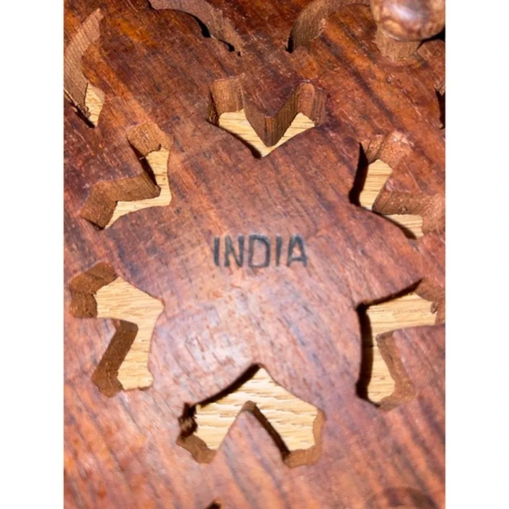 Vintage Hand Carved Wood Trivet Floral Inlay India‎ Boho Kitchen Decor